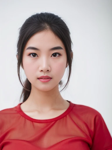 (masterpiece), (extremely intricate:1.3),, (realistic), inkekirei in Red ((red T shirt)), Clear facial features, black hair, Happy, in front of white flat color background, the most beautiful in the world, full body, photo studios, professional photograph of a stunning woman detailed, detailed face, eyes to the camera, sharp focus, dramatic, award winning, cinematic lighting, octane render, realistic, volumetrics dtx, (film grain, bokeh, blurry foreground, blurry background),