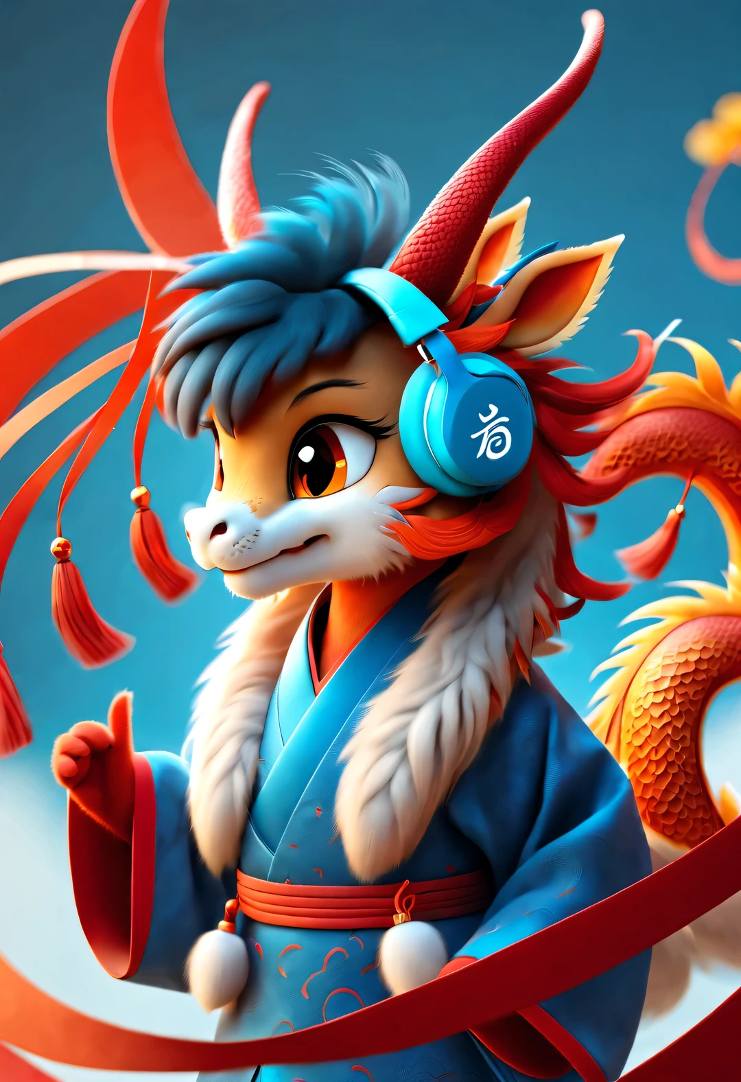 3d rendering, realistic fur, (red wallpaper), Simple modern style, beautiful wallpaper, magazine design style, portrait,
(Cute and anthropomorphic zodiac dragon), (Wearing blue headphones on head), (Smile playfully), It tilted its head slightly, Has big blue eyes, Wearing red Hanfu, orange fur, Combine traditional clothing with modern equipment, (background: flying in the sky, many music symbols: 0.65),