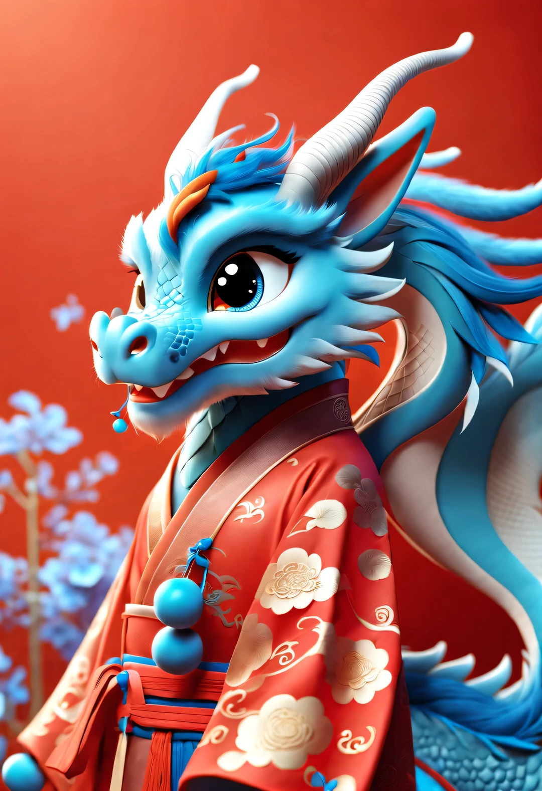 3d rendering, realistic fur, (red wallpaper), Simple modern style, beautiful wallpaper, magazine design style, portrait,
(Cute and anthropomorphic zodiac dragon), (Wearing blue headphones on head), (Smile playfully), It tilted its head slightly, Has big blue eyes, Wearing red Hanfu, orange fur, Combine traditional clothing with modern equipment, (background: flying in the sky, many music symbols: 0.65),