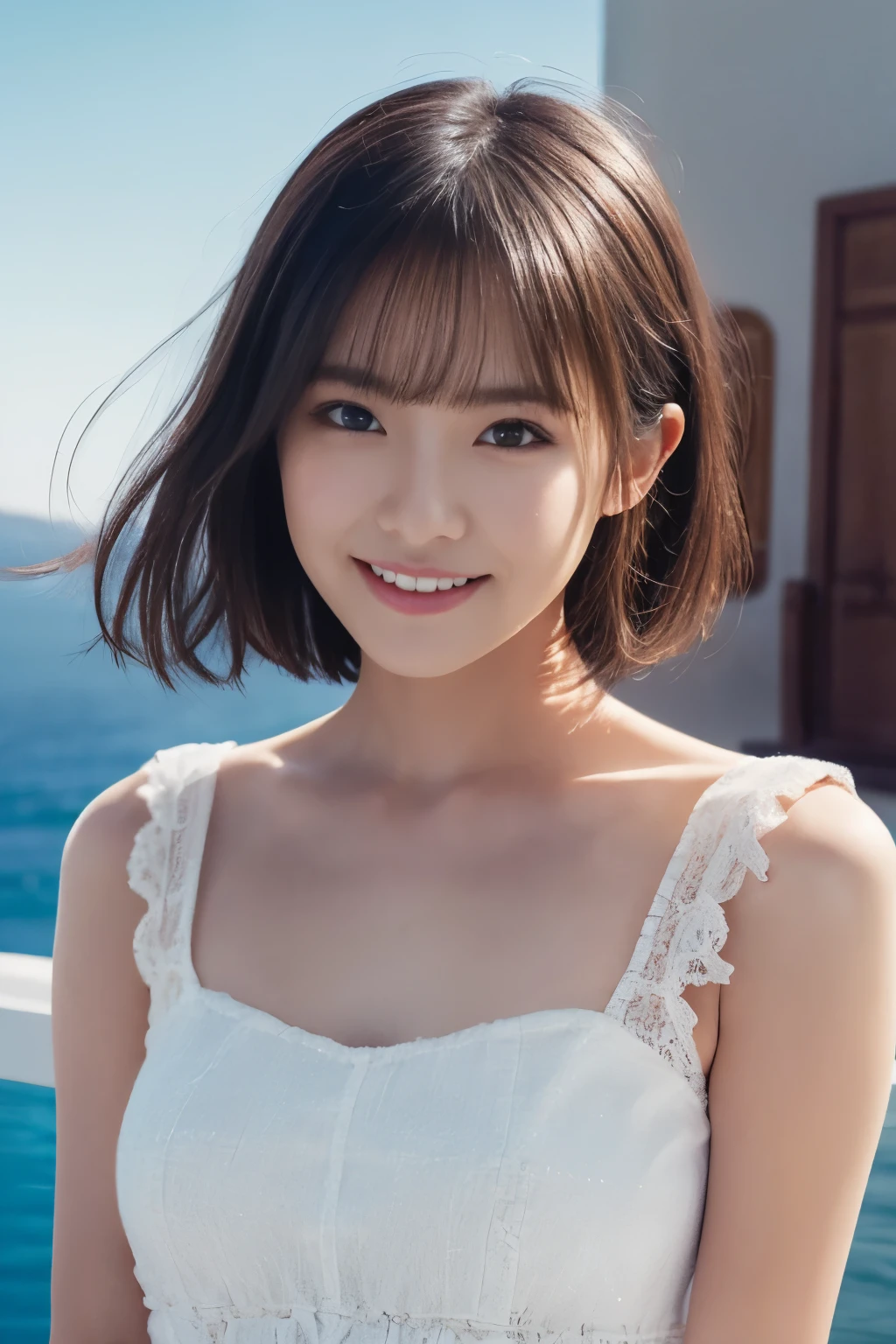 1 girl, (Dress up in fashionable trendy fashion:1.2), (RAW photo, highest quality), (realistic, Photoreal:1.4), masterpiece, very delicate and beautiful, very detailed, 2k wallpaper, wonderful, finely, very detailed CG Unity 8K 壁紙, super detailed, High resolution, soft light, beautiful detailed girl, very detailed目と顔, beautifully detailed nose, beautiful and fine eyes, short hair, small, White House in Santorini, Blue sky and Aegean Sea,
cinematic lighting, perfect anatomy, slender body, smile