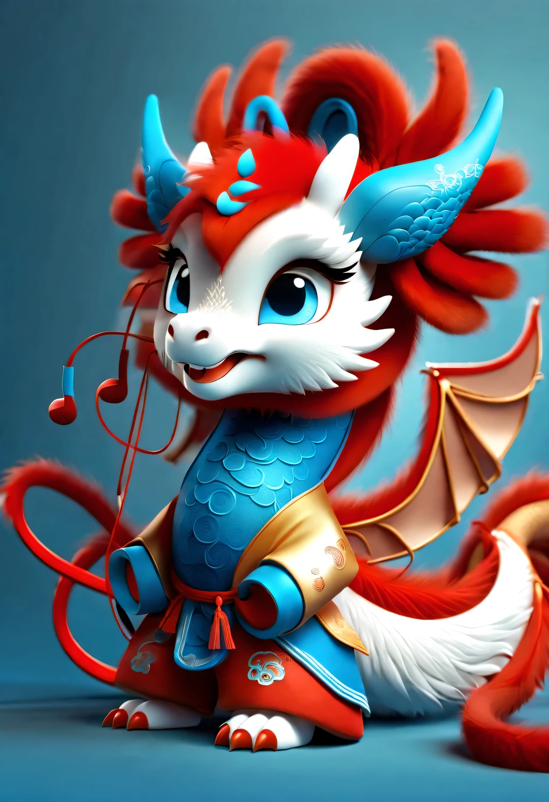 3d rendering, realistic fur, (red wallpaper), Simple modern style, beautiful wallpaper, magazine design style, portrait,
(Cute and anthropomorphic zodiac dragon), (Wearing blue headphones on head), (Smile playfully), It tilted its head slightly, Has big blue eyes, Wearing red Hanfu, orange fur, Combine traditional clothing with modern equipment, (background: flying in the sky, many music symbols: 0.65),