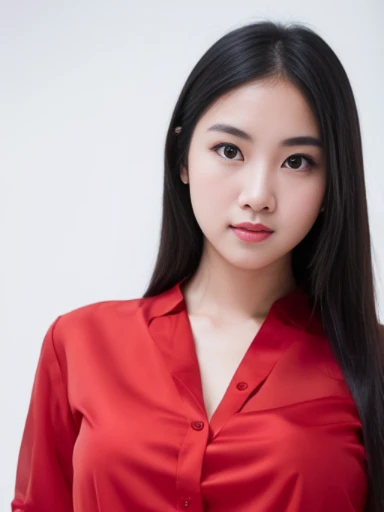 (masterpiece), (extremely intricate:1.3),, (realistic), inkekirei in Red ((red blouse shirt)), Clear facial features, black hair, Happy, in front of white flat color background, the most beautiful in the world, full body, photo studios, professional photograph of a stunning woman detailed, detailed face, eyes to the camera, sharp focus, dramatic, award winning, cinematic lighting, octane render, realistic, volumetrics dtx, (film grain, bokeh, blurry foreground, blurry background),