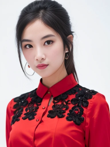 (masterpiece), (extremely intricate:1.3),, (realistic), inkekirei in Red ((red long training suit)), Clear facial features, black hair, Happy, in front of white flat color background, the most beautiful in the world, full body, photo studios, professional photograph of a stunning woman detailed, detailed face, eyes to the camera, sharp focus, dramatic, award winning, cinematic lighting, octane render, realistic, volumetrics dtx, (film grain, bokeh, blurry foreground, blurry background), 