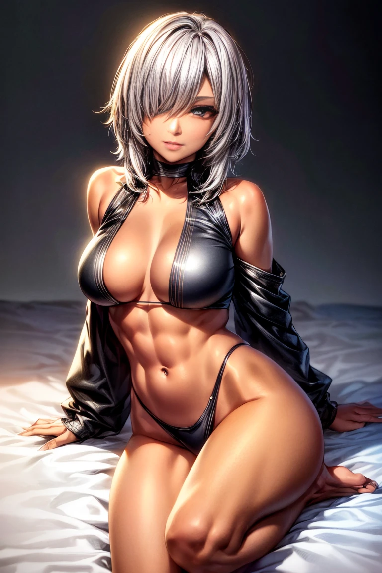 (best quality:1.6), (masterpiece:1.2), (realistic:1.4), taller slim woman, (hair over one eye:1.3), (mekakure:1.3), (asymmetrical hair:1.1), (silver hair:1.2), (dark eye makeup:1.3), (Dark black eyeshadow:1.3), (handsome face:1.3), (brown skin:1.4), (tanned skin:1.4), (bronze skin:1.4), (mahogany colored skin:1.3), gorgeous eyes, many piercings, toned abs, half-closed eyes, (open legs:1.1), (knees up:1.2), (staring at me:1.2), provocative sadistic smile, arm to head, front open shirt, unbuttoned to the belly, confident expression, bare foot, bare legs, luxurious bedroom, dynamic pose, cinematic angle, Detailed drawing, perfect anatomy, (High Resolution), (high detailed skin), ((top-quality)), ((High Definition)), high quality shadow, mostly cloudy sky, detailed background, ((Unbeatable masterpiece)), Maximum clarity and sharpness, Multi-layer Textures, Post-Processing, Anisotropic Filtering, octane render, two-tone lighting, professional photography, Realistic portrait, White balance, Long Exposure, Low ISO, 8K RAW, perfect hands, detailed fingers, Ray Tracing, Depth of Field, (((Photorealistic))), anatomically correct, (((Best Quality))), (((Super Detail))), (((UHD)))