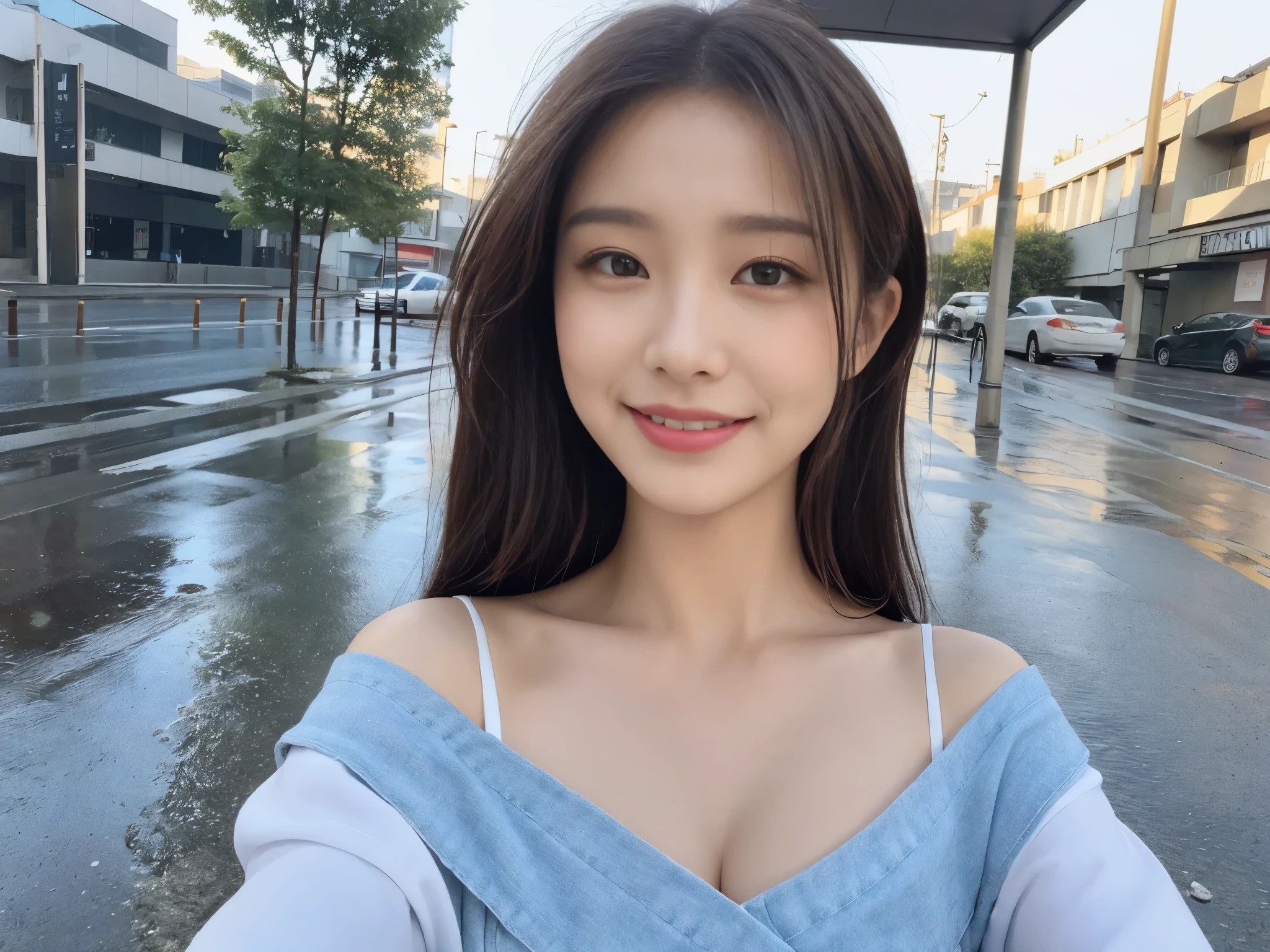 ((best quality, 8k, masterpiece:1.3)), focus: 1.2, perfect body beautiful: 1.4, buttocks: 1.2, ((layered hairstyle, breast: 1.2)), (wet clothes: 1.1), (rain, street:1.3), tube top dress: 1.1, Highly detailed facial and skin textures, beautiful eyes, double eyelids, whiten skin, long hair, (shut up: 1.3), Smile