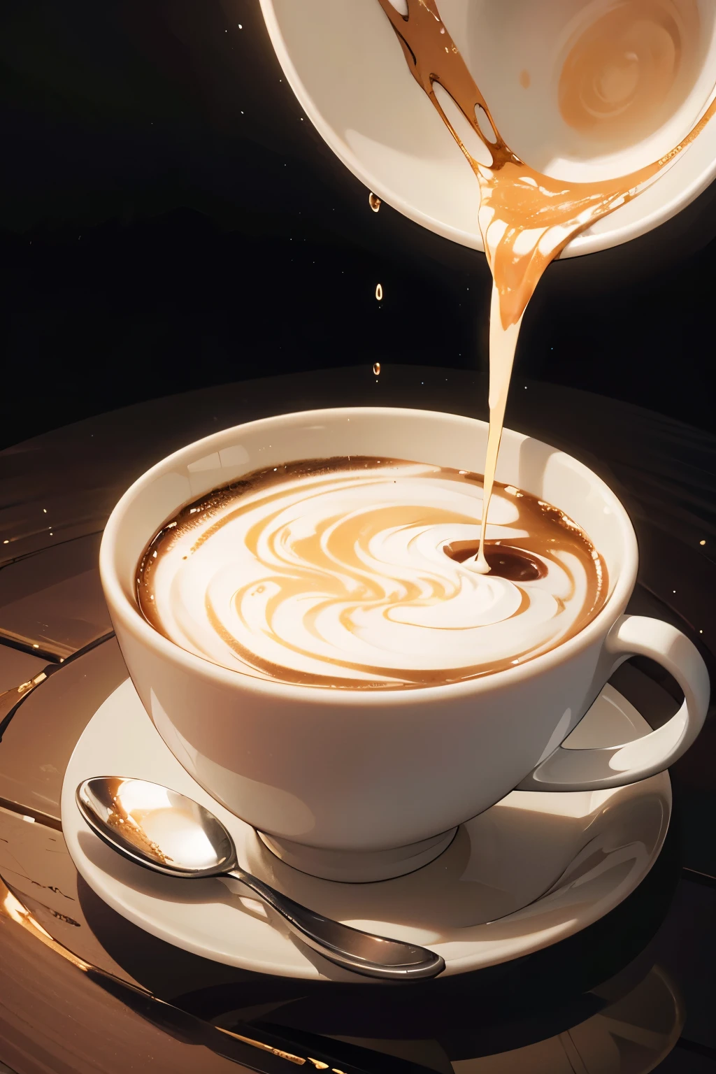 The image presents an exquisitely detailed scene of a splash of coffee and cream inside a cup. The suspended droplets, suspended in mid-air, offer intricate and intriguing textures that glisten in the light, captivating the viewer's attention. The interplay of light and dark hues adds depth and dimension to the image, showcasing the elegant flow and contrasting natures of the two liquids. Every detail, from the ripples on the surface of the coffee to the golden threads of cream, is rendered in ultra-high definition, allowing for an immersive and breathtaking perspective. The scene is a masterpiece, expertly captured in the best quality, raw