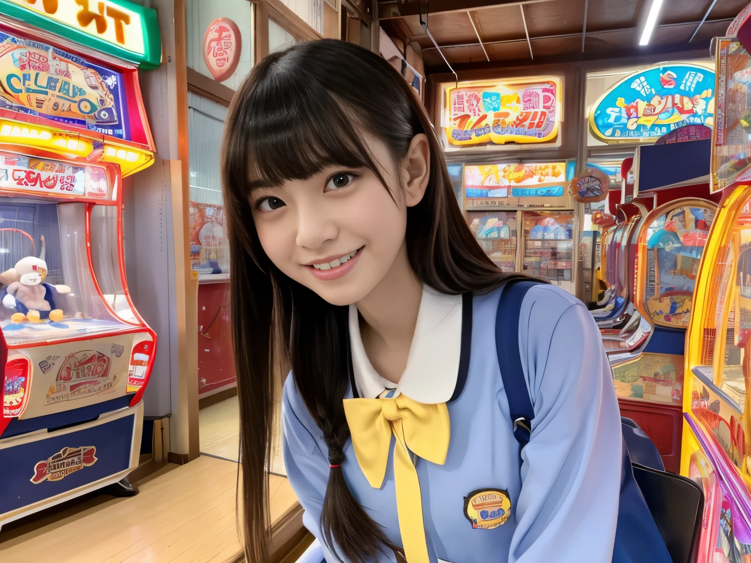 (8K, highest quality, masterpiece, ultra high resolution, super detailed:1.2) , Photo of Pretty Japanese girls,(mikey's ears:1.2),school uniform,smile and smile,
, (18-year-old:1.1), japanese idol,In the game center,(((A passageway with crane games on both sides))),Mainly stuffed animal crane games,UFO Catcher,Glittering neon lights,Gashapon