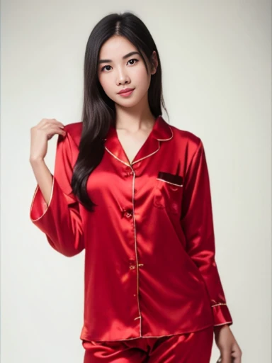 (masterpiece), (extremely intricate:1.3),, (realistic), inkekirei in Red ((red long pajamas)), Clear facial features, black hair, Happy, in front of white flat color background, the most beautiful in the world, full body, photo studios, professional photograph of a stunning woman detailed, detailed face, eyes to the camera, sharp focus, dramatic, award winning, cinematic lighting, octane render, realistic, volumetrics dtx, (film grain, bokeh, blurry foreground, blurry background),