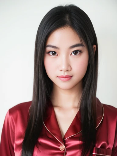 (masterpiece), (extremely intricate:1.3),, (realistic), inkekirei in Red ((red long pajamas)), Clear facial features, black hair, Happy, in front of white flat color background, the most beautiful in the world, full body, photo studios, professional photograph of a stunning woman detailed, detailed face, eyes to the camera, sharp focus, dramatic, award winning, cinematic lighting, octane render, realistic, volumetrics dtx, (film grain, bokeh, blurry foreground, blurry background),