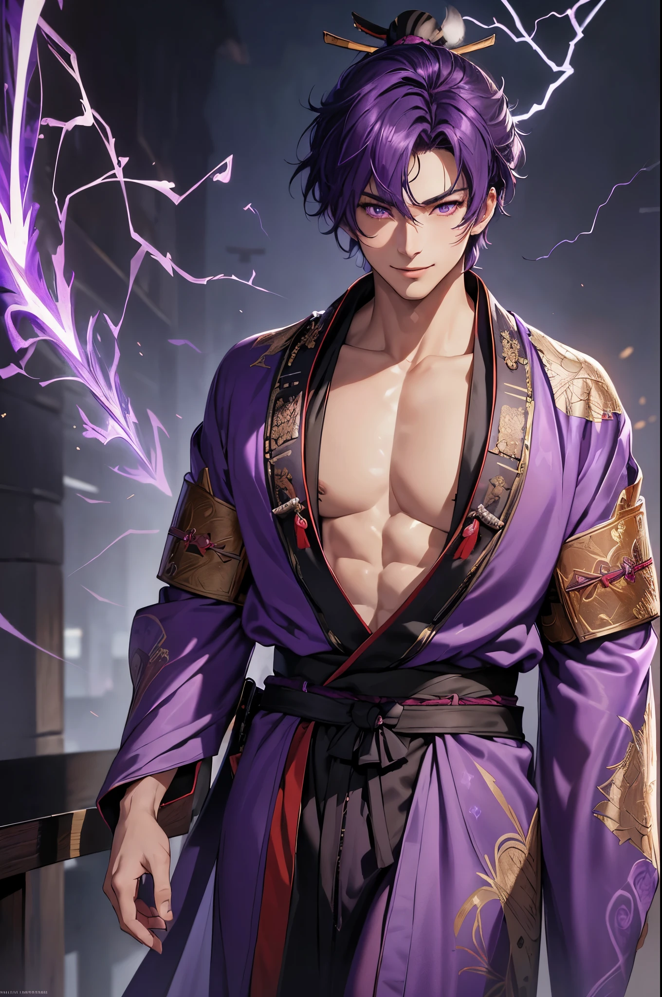 (masterpiece, Best Quality, absurdres, 8K resolution, HD wallpaper), ((Solo Boy)), youth, Handsome, Seductive smile, libido boy, purple hair, ((purple eyes)), (fractal art: 1.2, lightning sparks), (((samurai clothes, silk robe, intricate design))), cowboy shot, looking at viewer, upper body,