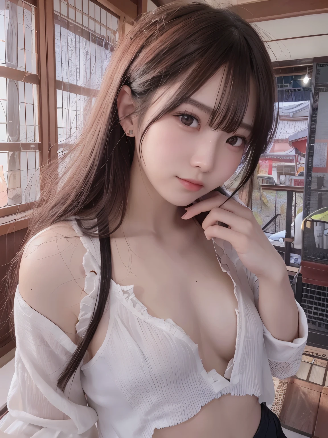 (((There is a Japanese woman around 18 in the center.)))、((highest quality、8k、masterpiece:1.3))、sharp focus:1.2、beautiful woman with perfect figure:1.4、slender abs:1.2、((small breasts:1.2))、(wet clothes、wet body:1.2)、(inside a convenience store:1.2)、Highly detailed face and skin texture、detailed eyes、double eyelid、I'm looking at this and smiling、The red hot pants are digging into your body.