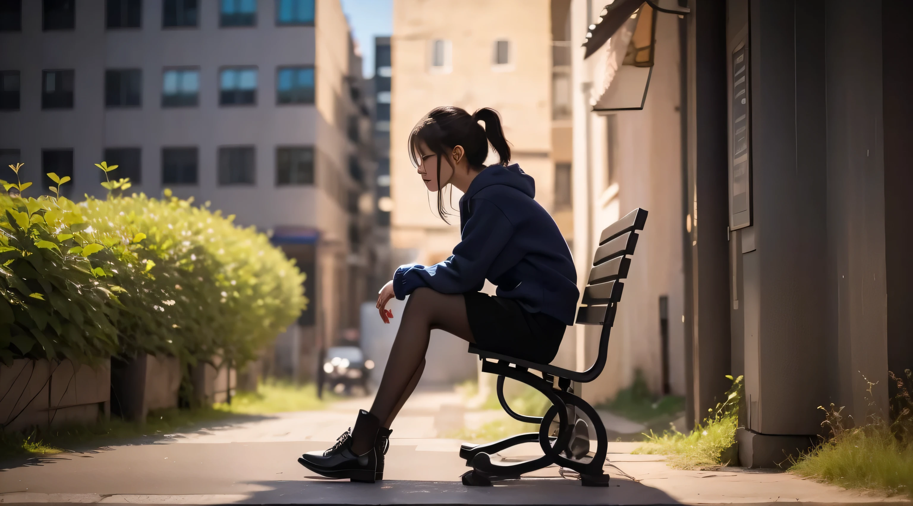 plaza, Silhouette of a girl sitting on a bench, vivid colors, Waiting, I tasted failure., but i'm calm