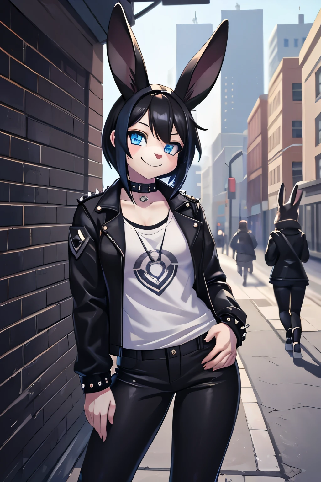 1girl, alone, masterpiece, young woman, furry, 2D, bunny, bunny ear, blue eyes, black hair, black rabbit, bunny ear, black fur, corada, wearing black jacket, black pants, white shirt, punk style, smiling, in a street, looking atr viewer, 4k, masterpiece