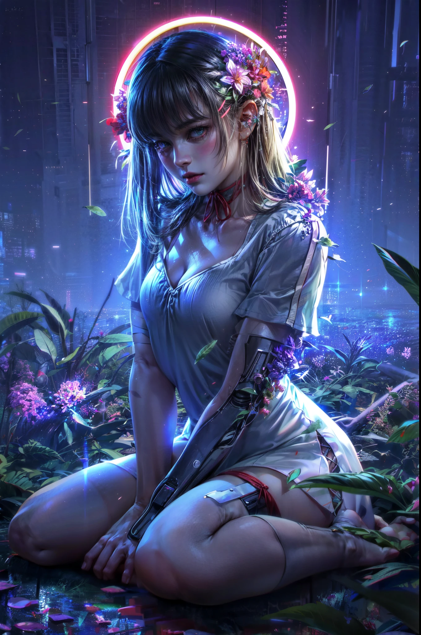 anime girl sitting in the forests and trees, in the style of hyper-realistic sci-fi, gothic dark and ornate, flowerpunk, realistic, violet and green, highly realistic