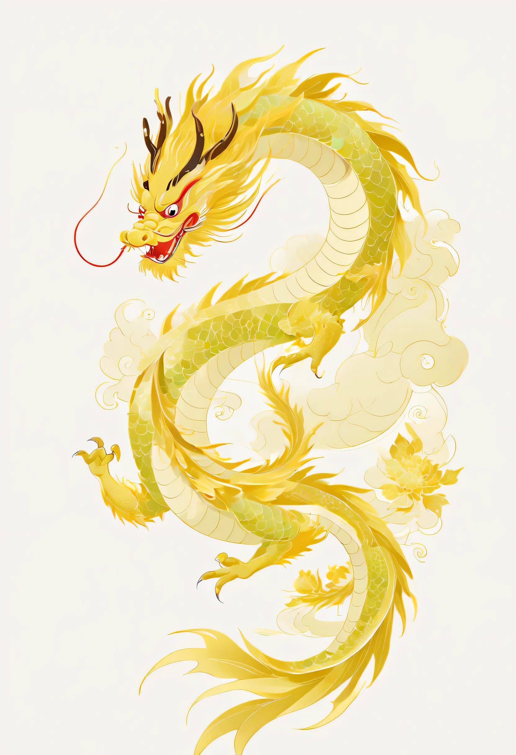 A cartoon Chinese dragon is flying on a white background，Beautiful pictures, fine lines，(Golden section composition), (golden ratio),Minimalism，spring, cartoon, flat illustration，national style，Chinese style，GCCH
