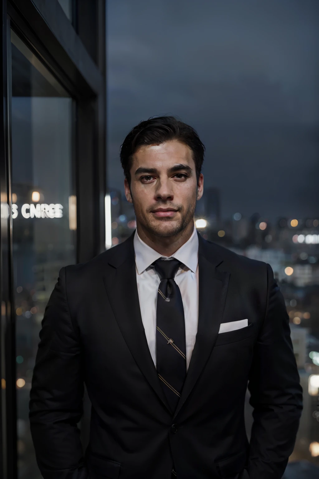 (absurdres, highres, ultra detailed, realistic, ), 1 male, solo, adult, mature, tall muscular guy, broad shoulders, handsome, very short hair, black hair, brown eyes, angular jaw, thick neck, thick eyebrows, night, dark, the night view of the city background, formal suit, necktie, upper body