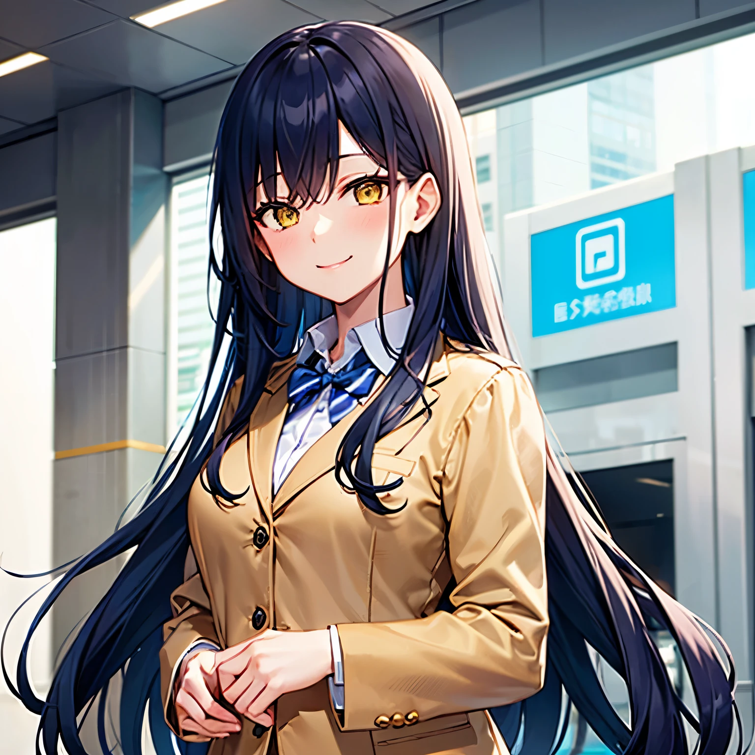 one girl、smile、dark blue hair、yellow eyes、suit、company employee、Front perspective、Upper body、Entrance Ceremony