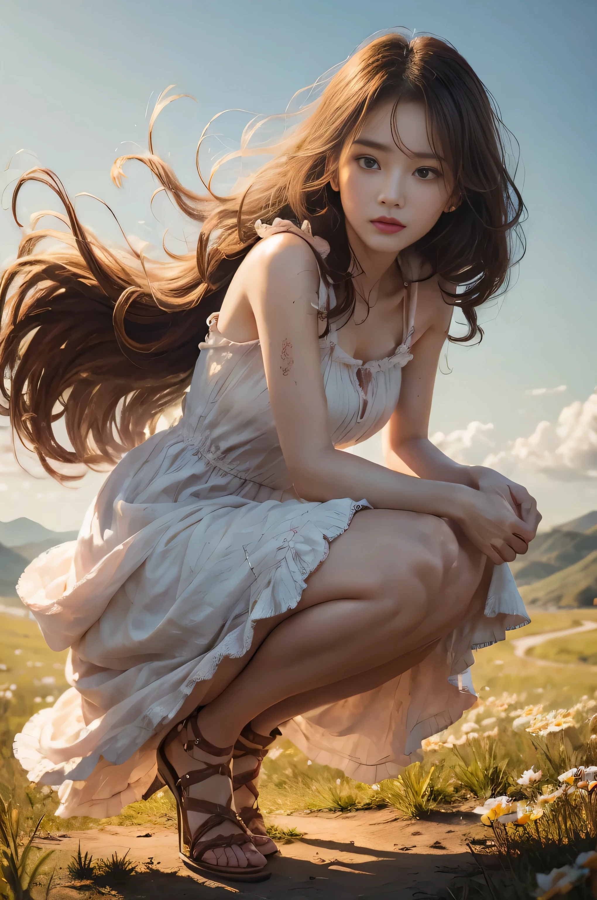 (best quality、realistic、realistic:1.37)、strong fighting stance、Intense facial expressions、(whole body:1.5)、classic painting style、beautiful and delicate eyes、long eyelashes、Pink cheeks、strong body、wavy hair、flowing dress、run forever、chase the enemy、(disheveled dress and hair:1.5)、(Skin glowing with sweat)、Blue sky background、Hill full of pink and white daisies、vivid colors、strong contrast、soft lighting、eagerly waiting, person who doesn't'don't come for a long time, no regrets