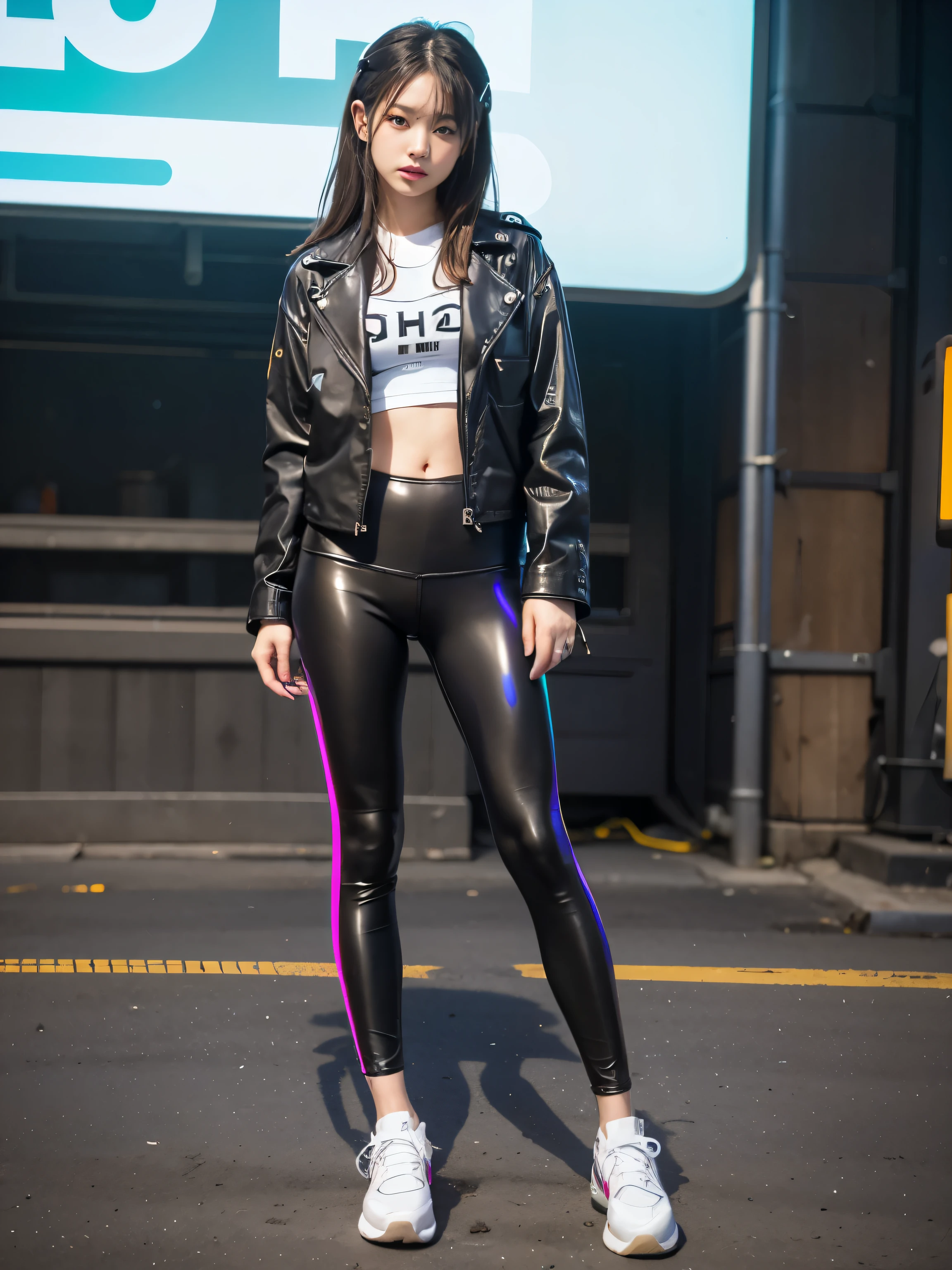 Bokeh, masterpiece, analog photography, born, break, 立っている美しい女子高born, light brown long hair, beautiful light brown eyes, blushing face, (japanese idol:1.5), Medium chest, looking at the viewer, full body
break
(Futuristic leather jacket with neon trim, cybernetic leggings, holographic accessories, Sneakers with LED lights:1.4), Cyber city at night with LED lighting,
break