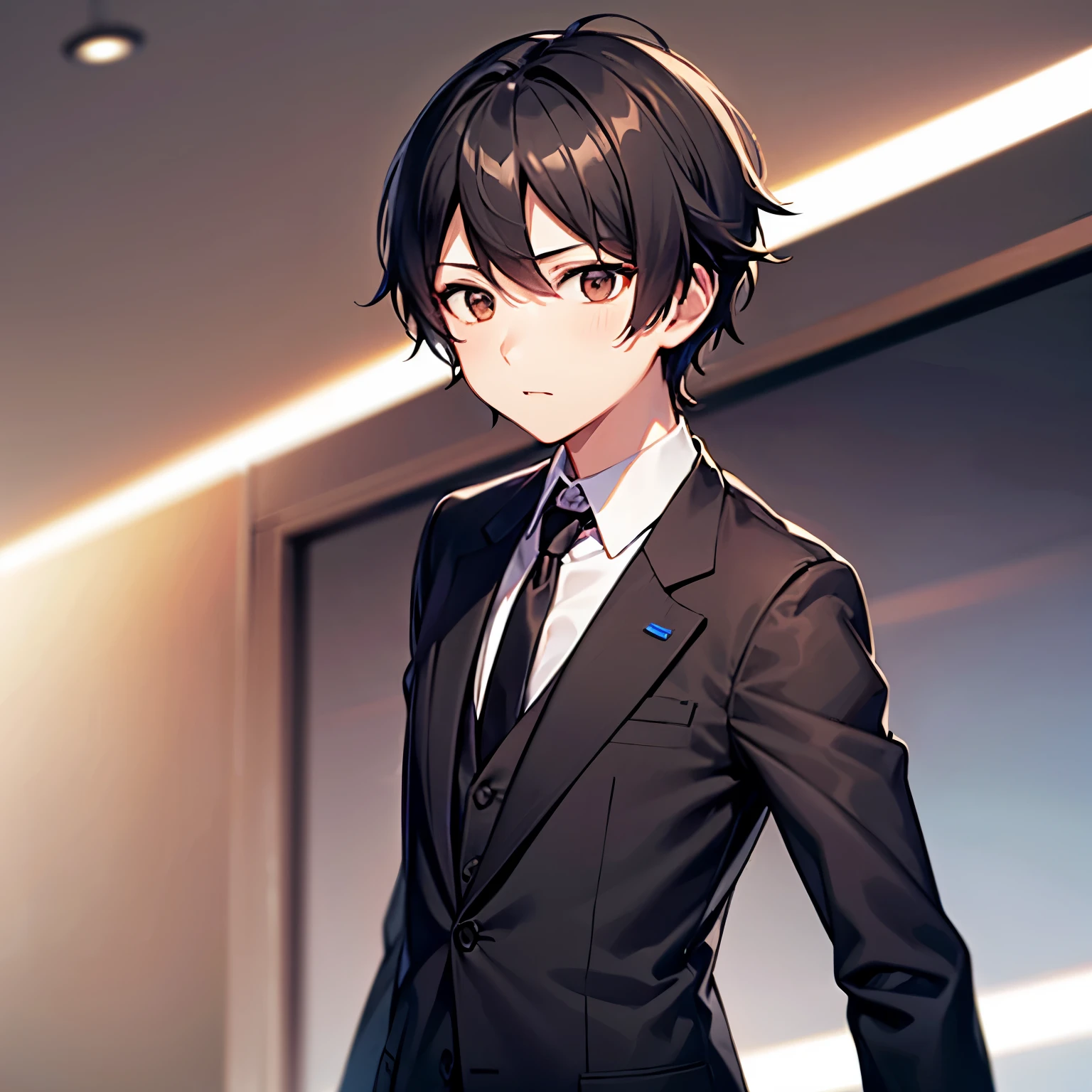 One man、black hair、brown eyes、short hair、smooth hair、awkward expression、suit figure、Front perspective、high quality、high resolution、Upper body