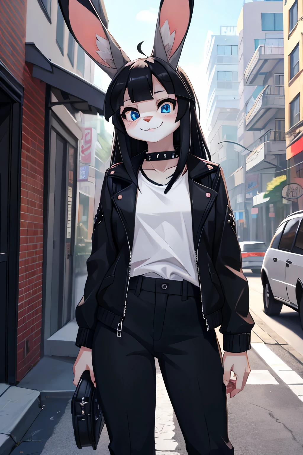 1girl, alone, masterpiece, young woman, furry, 2D, bunny, bunny ear, blue eyes, black hair, grey rabbit, grey fur, grey bunny, bunny ear, corada, wearing black jacket, black pants, white shirt, punk style, smiling, in a street, looking atr viewer, 4k, masterpiece
