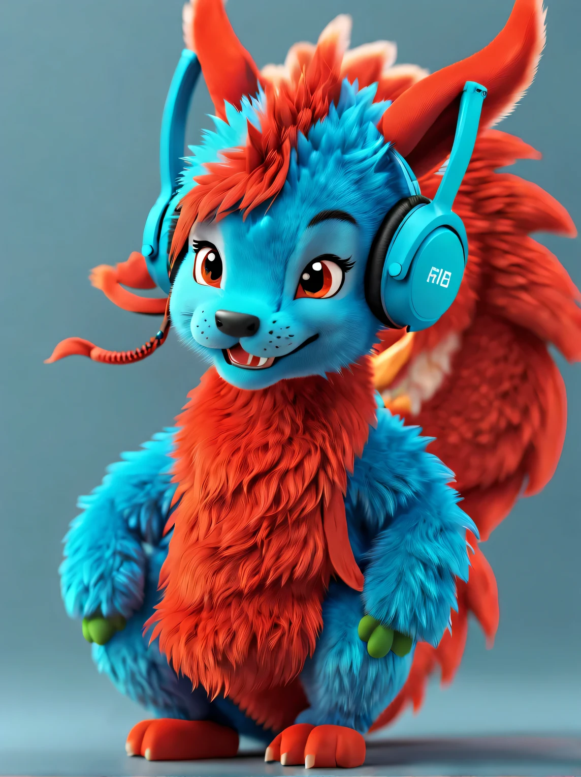 3d rendering, realistic fur, (red wallpaper), Simple modern style, beautiful wallpaper, magazine design style, close up,
(Cute anthropomorphic zodiac dragon wearing big blue-green headphones), Laugh mischievously, big blue eyes, Wearing red Hanfu, orange fur, (looking at camera), (background: Many notes fall from the sky: 0.65), Hip hop graffiti style,