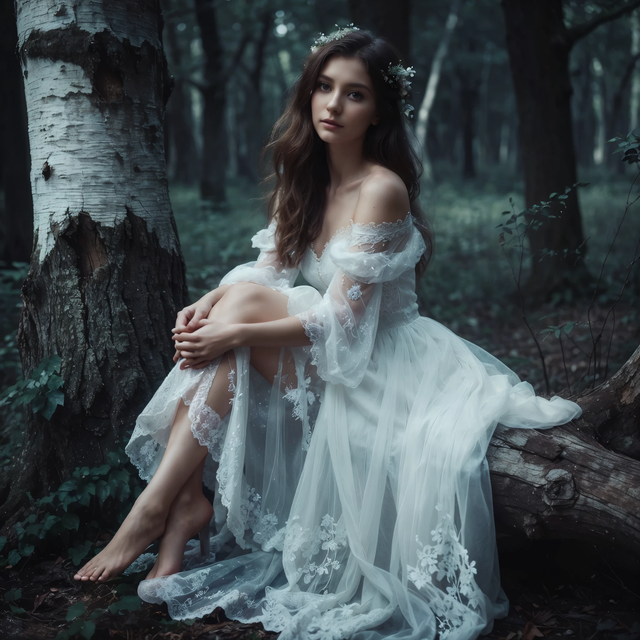 A woman in a white dress sitting on a tree trunk, ethereal beauty, fantasy photography, ethereal fairytale, a beautiful woman in white, realistic fantasy photography, beautiful lonely girl, romanticism portrait, fine art fashion photography, woman in a dark forest, a stunning young ethereal figure, inspired by Jaroslava Korol, gorgeous lady,