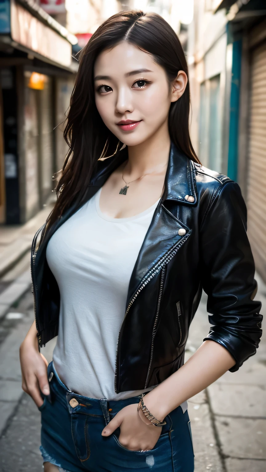 A close up of a woman in a white shirt and a black jacket - SeaArt AI