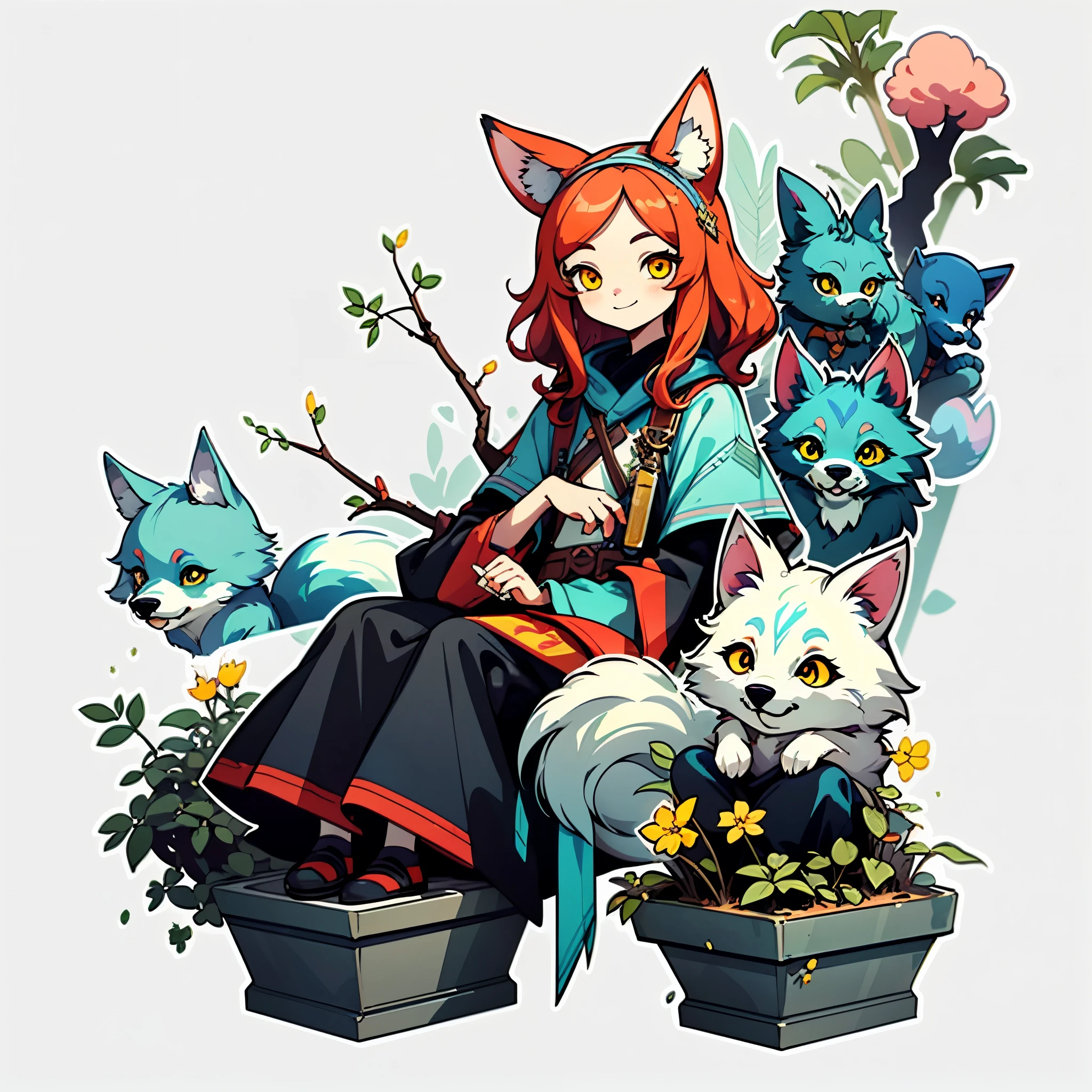 1 sticker, handbook, ( Wolf Girl, model, smile, fantasy clothing plant twigs, wolf ears on the head, long red hair, yellow eyes, Cool & Cool), on a white background, simple background, minimal, Cute, tiny, pastel color, vector style, No gradient,