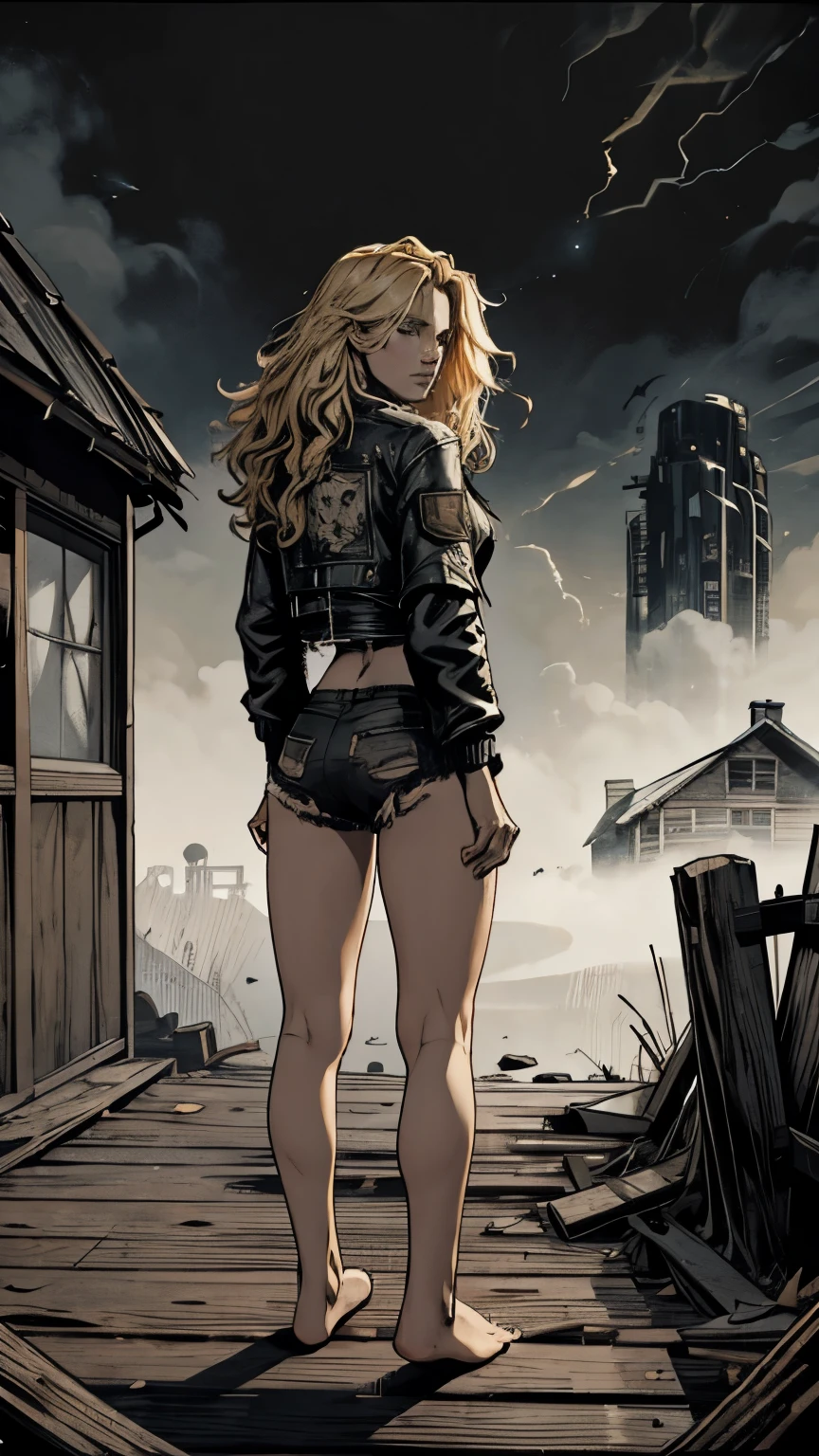 Caucasian woman, green eyes, blonde hair, wavy hair, long hair, athletic body, (((torn black shorts))), (((open fly))), (((open zipper))), (((topless ))), (((black jacket))), (((torn jacket))), walking through vegetation, dry trees, (((wound in right leg))), barefoot, (((darkness))), There are no people, no objects in their hands, pain in the belly, eyes shining in the dark, side view.