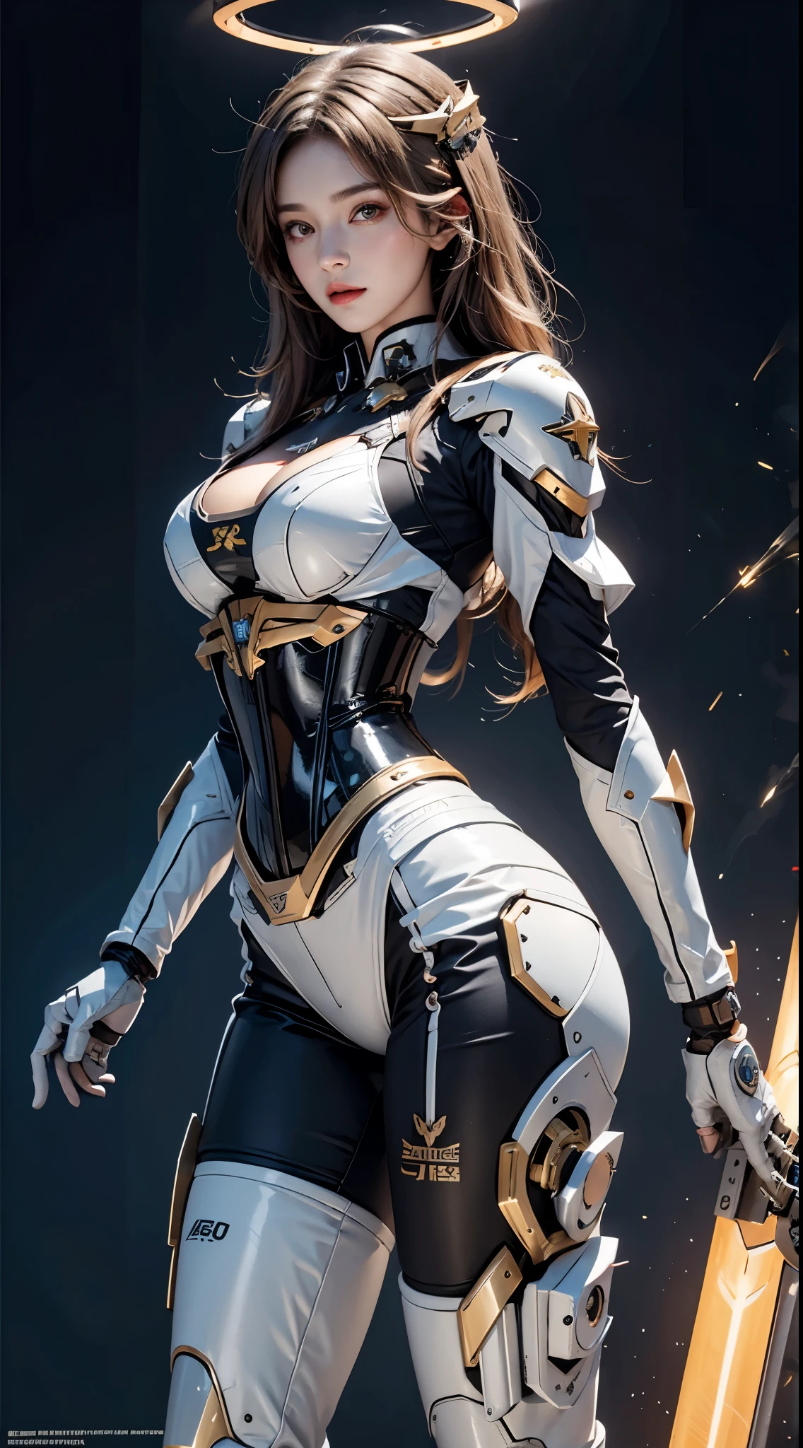 realistically, high resolution, 1 woman, butt lift, , Mecha girl,Mechanical Parts, joints,single mechanical arm, hat, Mechanical Halo,Star Hello,Complex mechanical suit, mecha corset, Straight A's, White mecha body