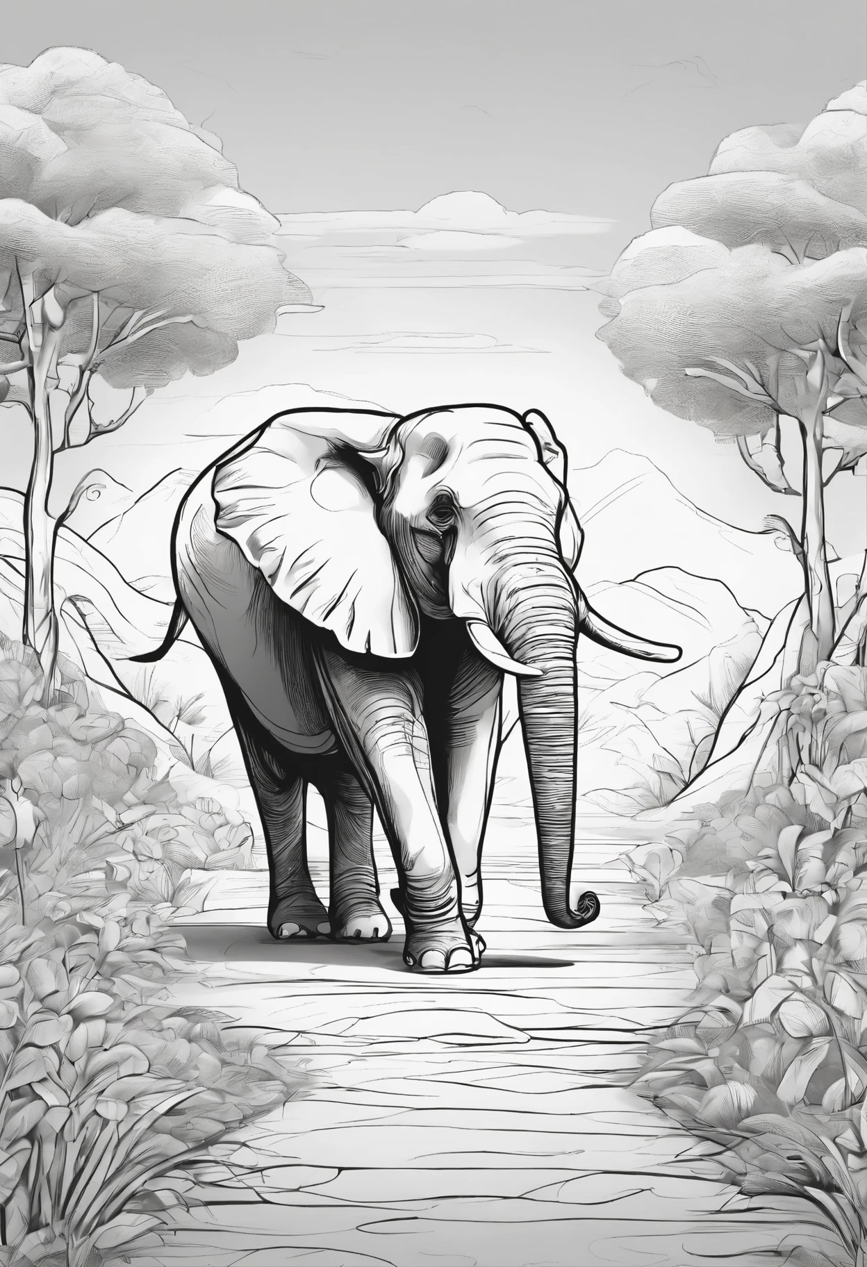 an elephant walking in a pathway, line art, cartoon character, 3d style, high-quality, col oring book, hand-draw, lineart