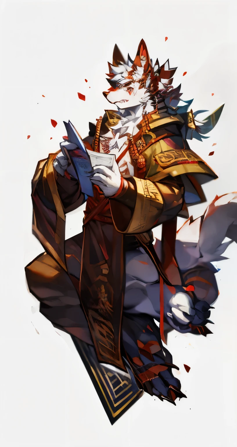 A strong draconic Taoist priest,Hold the talisman paper,break the curse,perform the act of praying,French formation,Chinese ink painting,Copper coins and red rope,Strong body