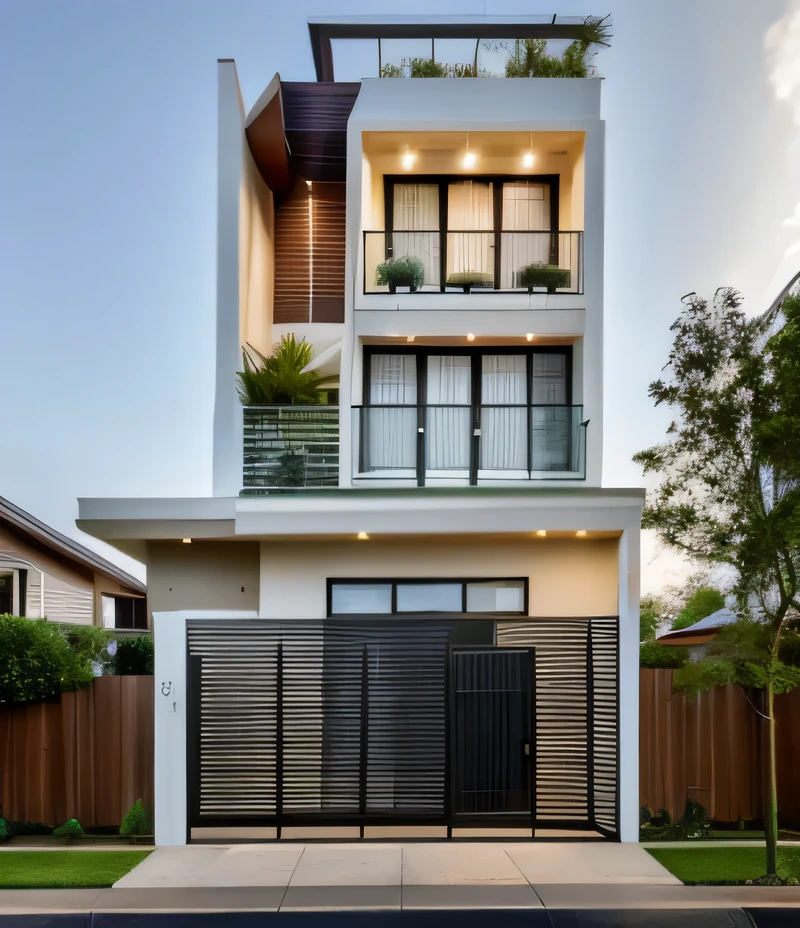 Exterior of house, (canopy in house roof:1.2), Mable decorations, (a road in front of house:1.3), tree, sky, cloud, morning weather.