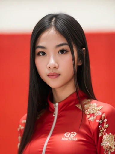 (masterpiece), (extremely intricate:1.3),, (realistic), inkekirei in Red ((red long training suit)), Clear facial features, black hair, Happy, in front of white flat color background, the most beautiful in the world, full body, photo studios, professional photograph of a stunning woman detailed, detailed face, eyes to the camera, sharp focus, dramatic, award winning, cinematic lighting, octane render, realistic, volumetrics dtx, (film grain, bokeh, blurry foreground, blurry background), 