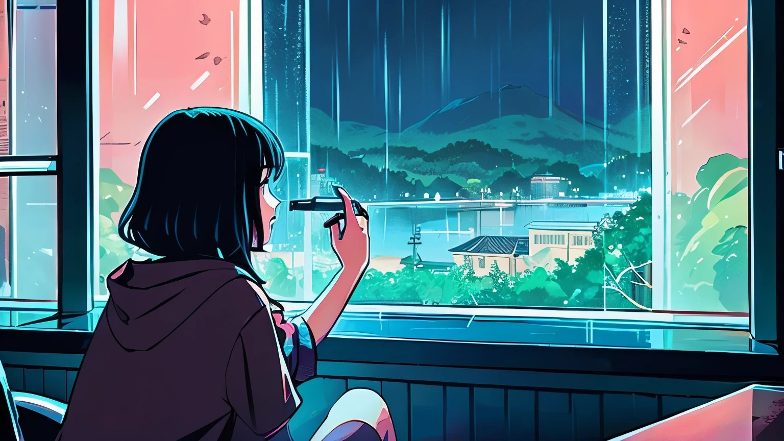 woman,Right-to-left, midnight,rain,room, nostalgic, 2D style anime, lo fi, HD