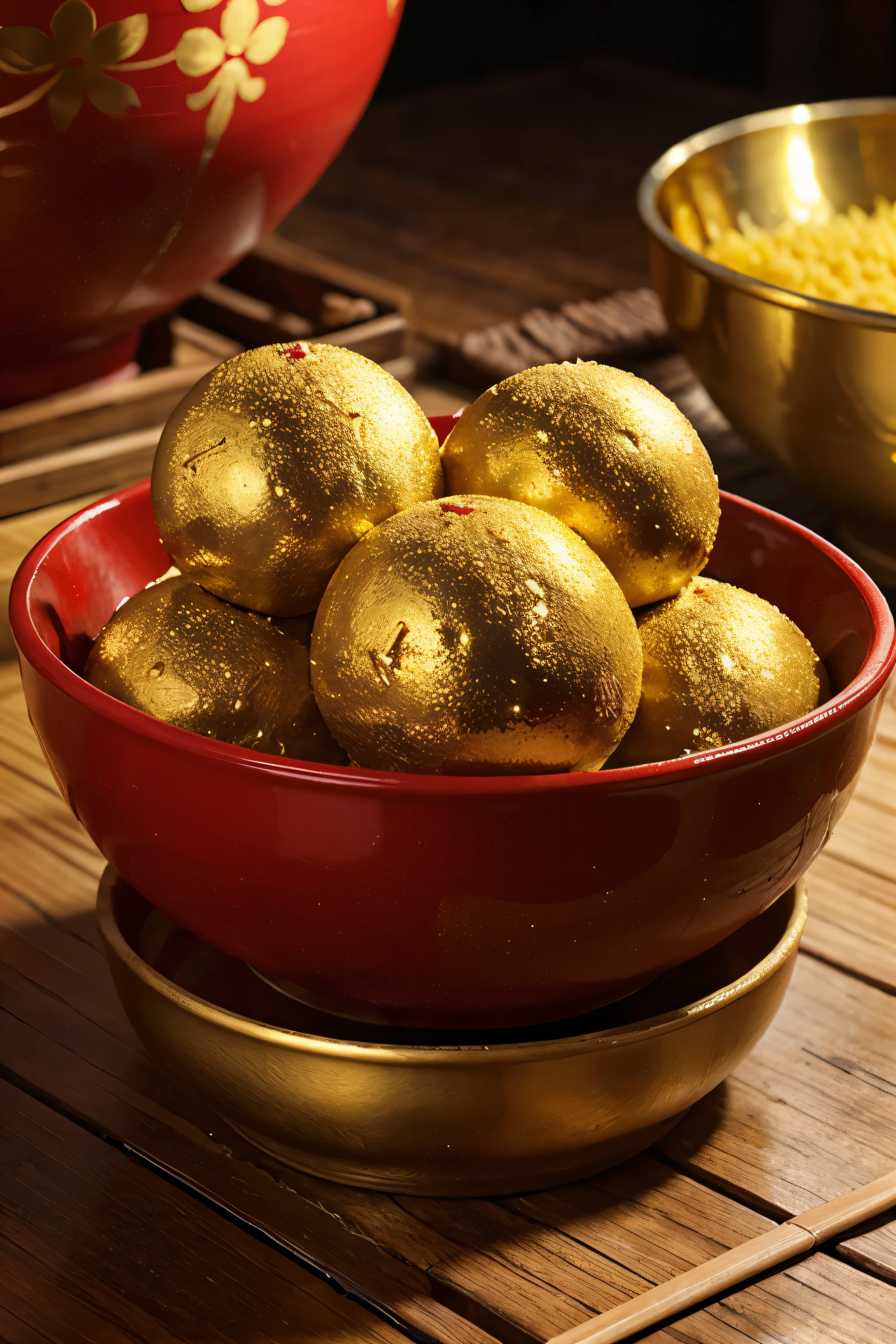 Golden glutinous rice balls in red bowl,Spring Festival atmosphere