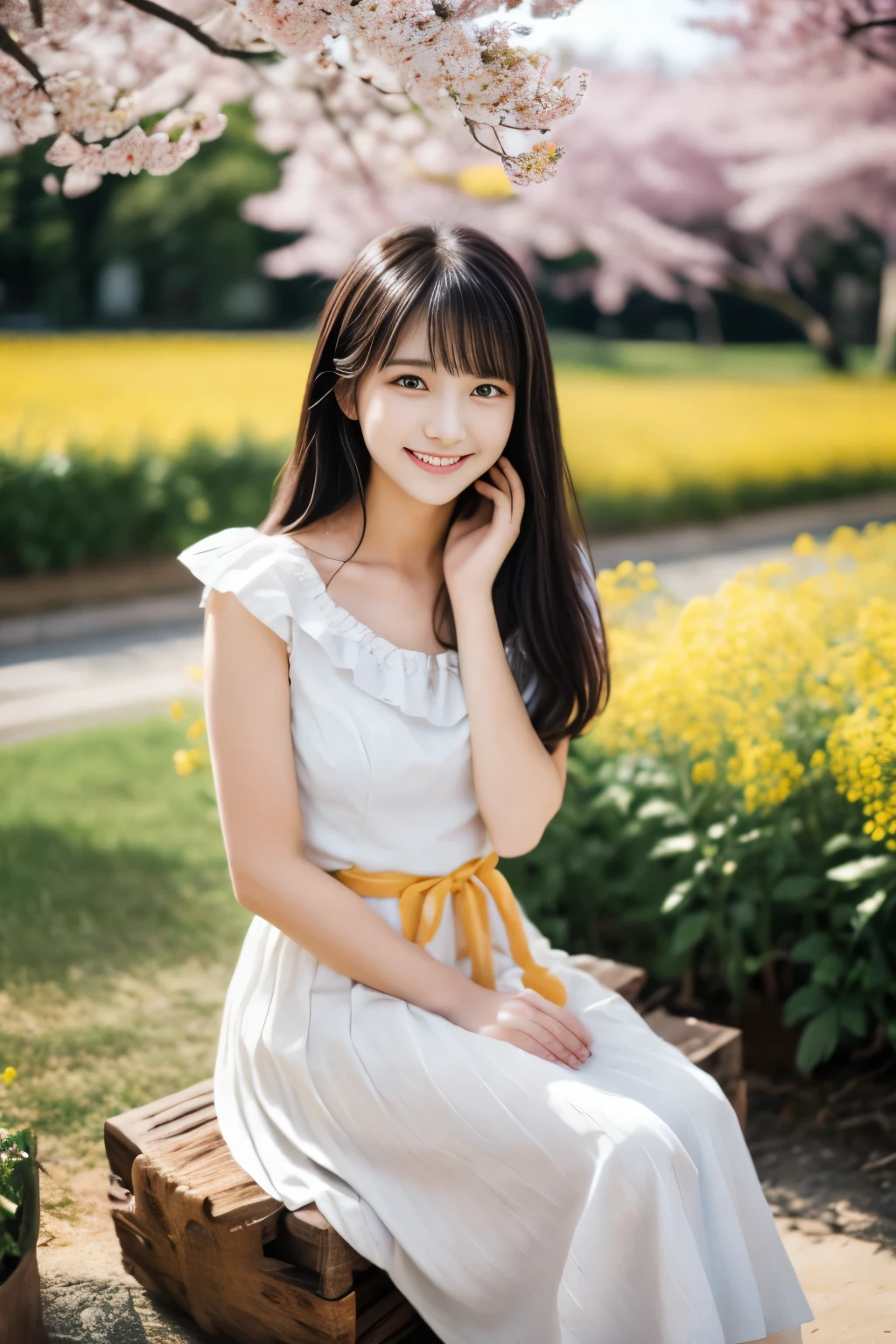 masterpiece, Best Quality, 8K, 1 girl, (18 years old), Teen ager, smile, Solo, (A super cute idol-like face:1.2), Delicate girl, Black hair, middle bob hair, straight hair, bangs, Looking at Viewer, Candid, Sophisticated, Professional Lighting, Film grain,  whole body, beautiful figure, The background is a field of yellow rape blossoms and rows of cherry blossom trees,  (Pure white frilled dress, long skirt:1.2), tiny chest, Sitting on the bench,