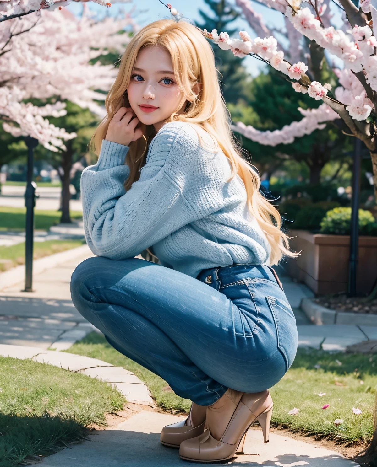 1girl, Blue eyes, (smile), (Sana Minatozaki), wide hips, Big , (big ass :1.1), (Best Quality, 8k, Masterpiece: 1.3), perfect hands, Clear Focus: 1.2, Perfect Body Beauty: 1.4, Highly detailed face and skin texture, detailed eyes, double eyelids, (blonde long hair), (fitted sweater), (jeans), squatting, looking to the camera, in a sakura park