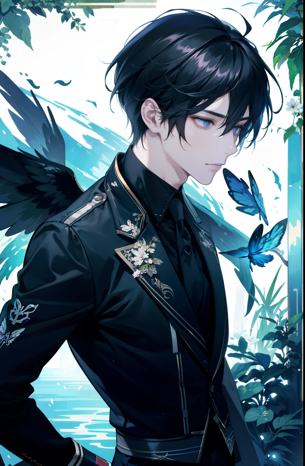 （hoang lap，hight clarity，ultra detali），1 male，AS-Adult，male people，Handsome，Tall muscular man，a broad shouldered，Fine Detailed Eyes，Long black hair，purpl eyes，Western clothing，Behind him is a pair of black angel wings，Fallen angels，nigth，forested，Fluttering leaves，ponds，Natural light and shadow，That's great，mistic（Dutch angle），Mouth closing