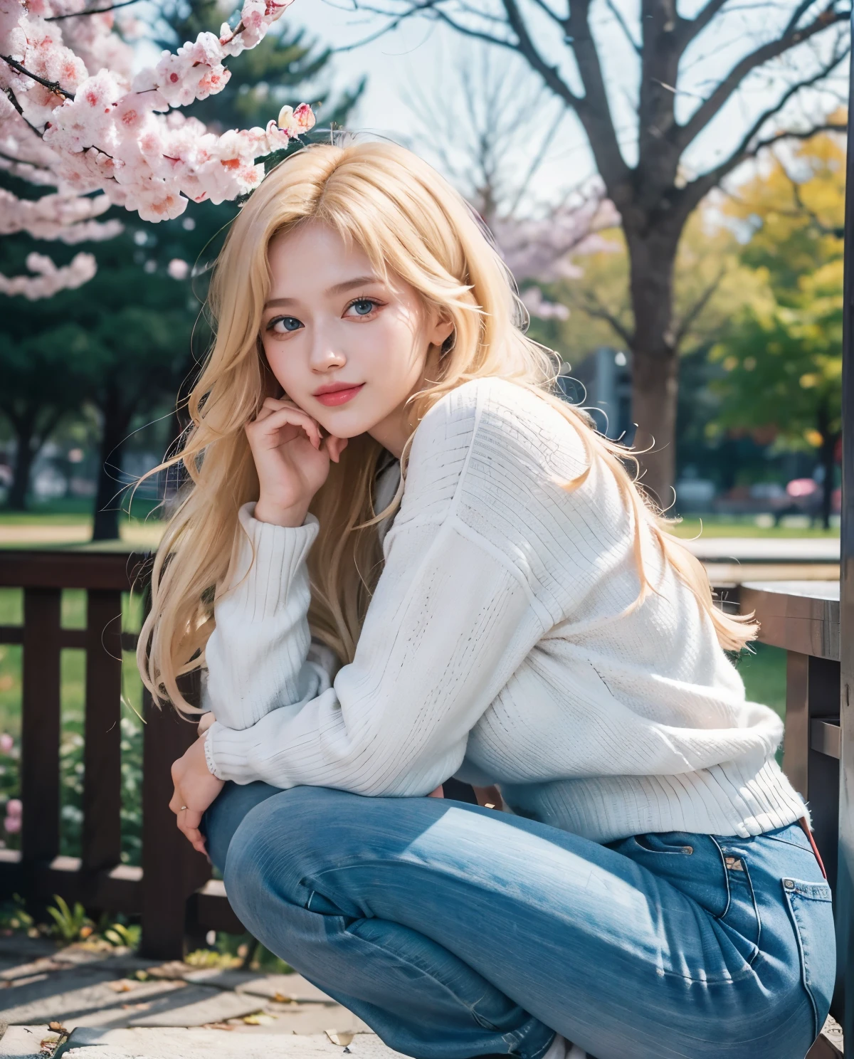 1girl, Blue eyes, (smile), (Sana Minatozaki), wide hips, Big , (big ass :1.1), (Best Quality, 8k, Masterpiece: 1.3), perfect hands, Clear Focus: 1.2, Perfect Body Beauty: 1.4, Highly detailed face and skin texture, detailed eyes, double eyelids, (blonde long hair), (sweater), (jeans), squatting :1.3, open legs :1.2, in a sakura park