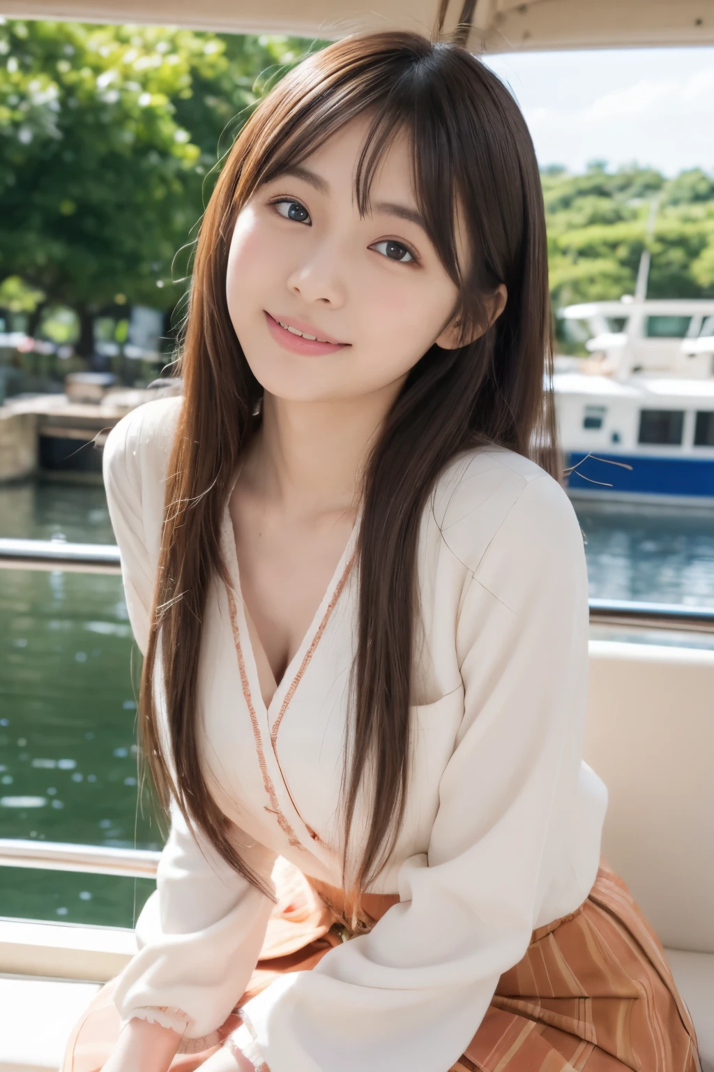 8K RAW photo、High resolution、18 year old Japanese、beautiful eyes、depicted in detail、long eyelashes、beautiful double eyelids、eyeliner、narrow eyes、elongated eye shape、Sansakumaru'Legally thin and beautiful thighs、Random long hair、lazy smile、girly style costume mini skirt、we'go on a boat together