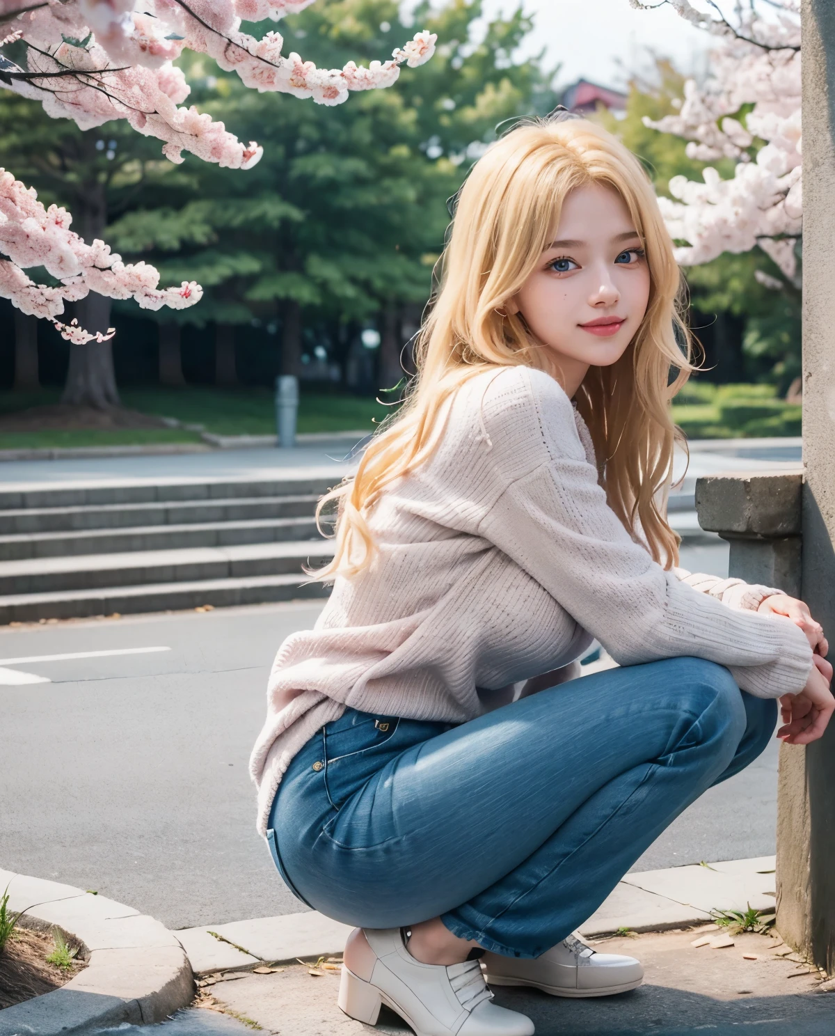 1girl, Blue eyes, (smile), (Sana Minatozaki), wide hips, Big , (big ass :1.1), (Best Quality, 8k, Masterpiece: 1.3), perfect hands, Clear Focus: 1.2, Perfect Body Beauty: 1.4, Highly detailed face and skin texture, detailed eyes, double eyelids, (blonde long hair), (fitted sweater), (jeans), squatting, looking to the camera, in a sakura park