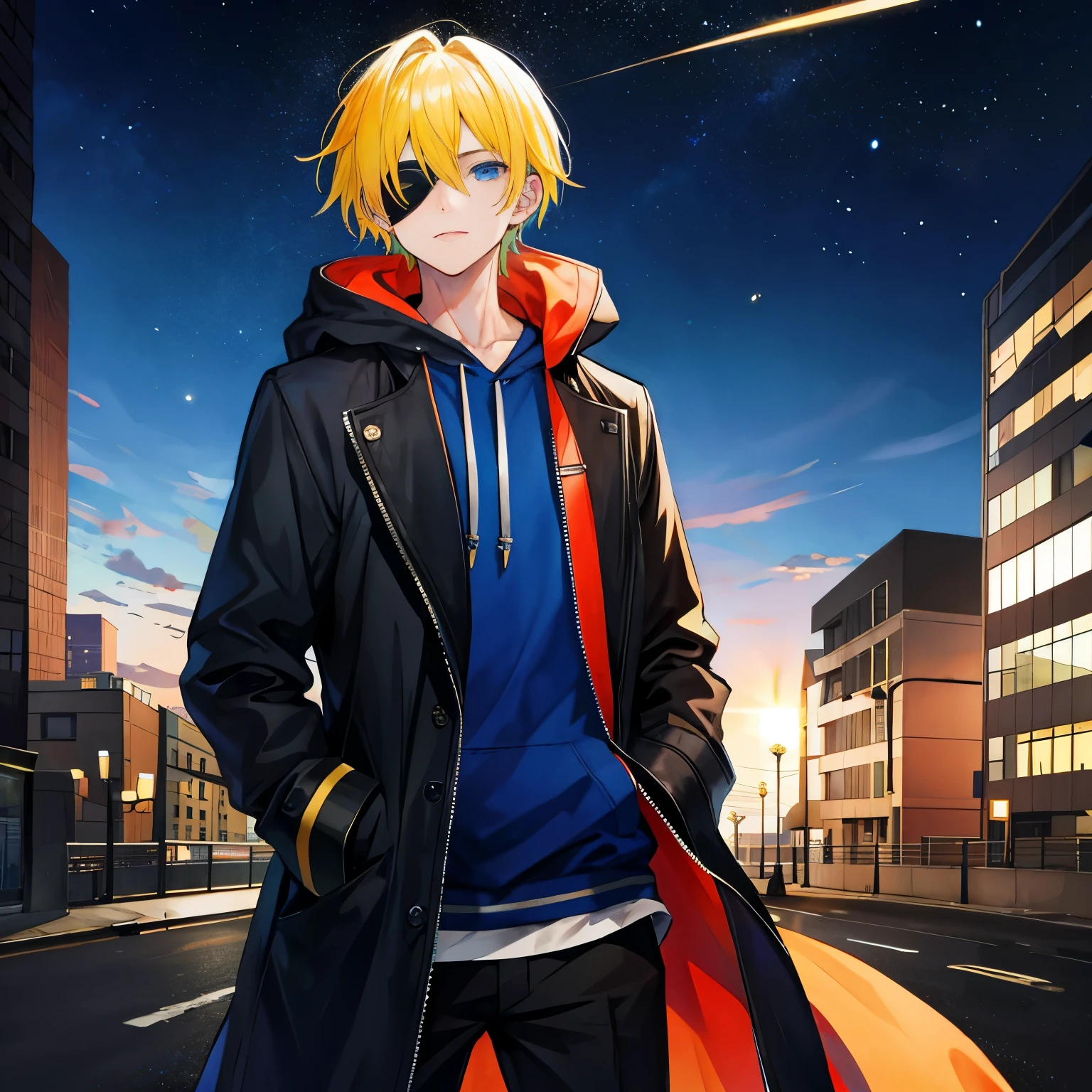 A man，Handsome，yellow hair, blue eyes, eyepatch, nightcity，Sateen，Hoodie-coat large，Put your hands in your pockets