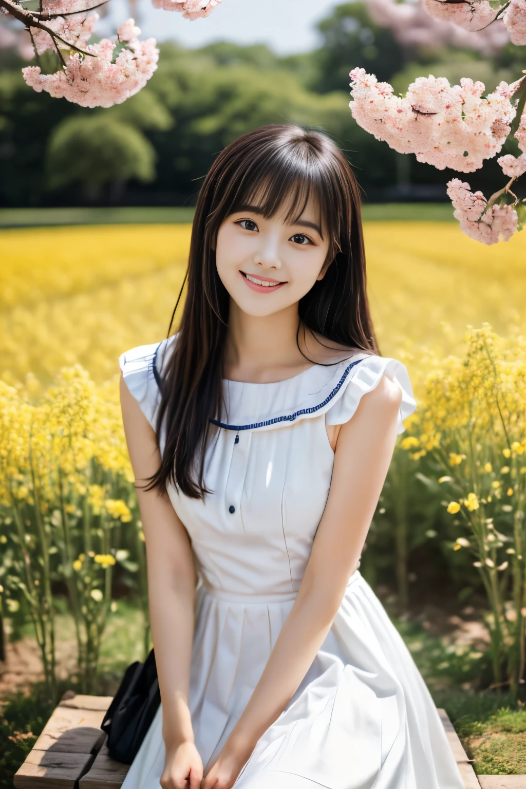 masterpiece, Best Quality, 8K, 1 girl, (18 years old), r, smile, Solo, (A super cute idol-like face:1.2), Delicate girl, Black hair, middle bob hair, straight hair, bangs, Looking at Viewer, Candid, Sophisticated, Professional Lighting, Film grain,  whole body, beautiful figure, The background is a field of yellow rape blossoms and rows of cherry blossom trees,  (Pure white frilled dress, long skirt:1.2), tiny chest, Sitting on the bench,