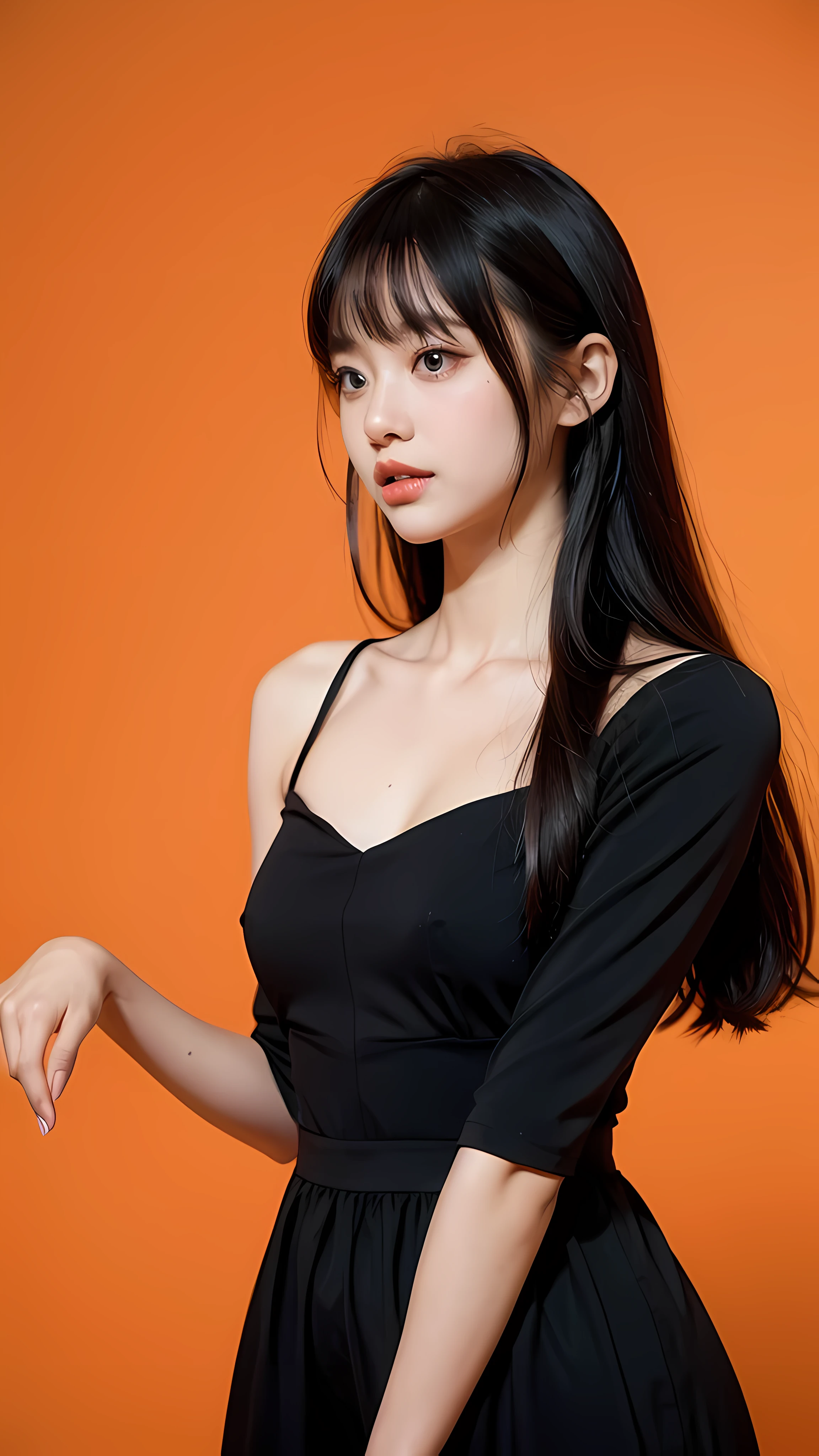 1girl,hair with bangs,black long dress,orange background,