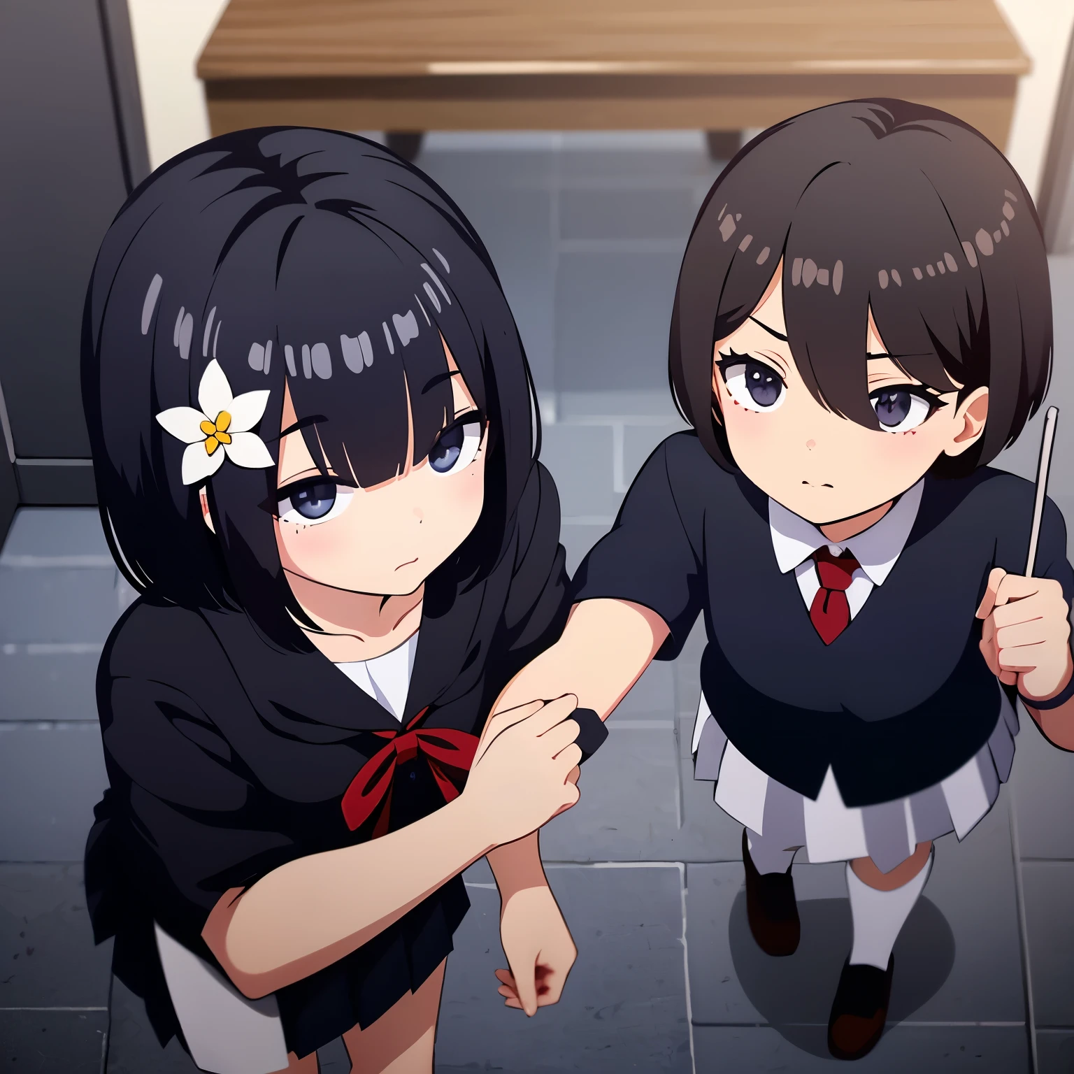 urabewz, school uniform, serafuku, black eyes, pleated skirt, black hair, short hair, (hair over one eye:1.2)
