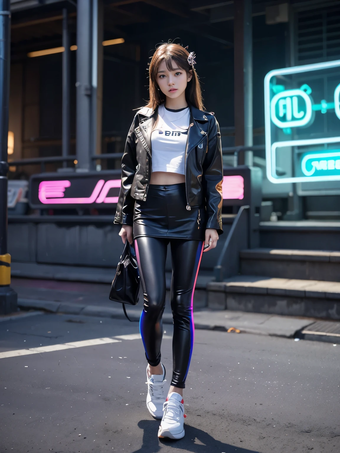 bokeh, masterpiece, analog photo, RAW, BREAK, beautiful high school girl standing, Light brown long hair, Light brown beautiful eyes, Blushed face, (Japanese idol:1.5), Medium breast, Looking at the viewer, full body
BREAK
(Futuristic leather jacket with neon trim, cybernetic leggings, holographic accessories, LED-lit sneakers:1.4), LED lighting cybercity,
BREAK
