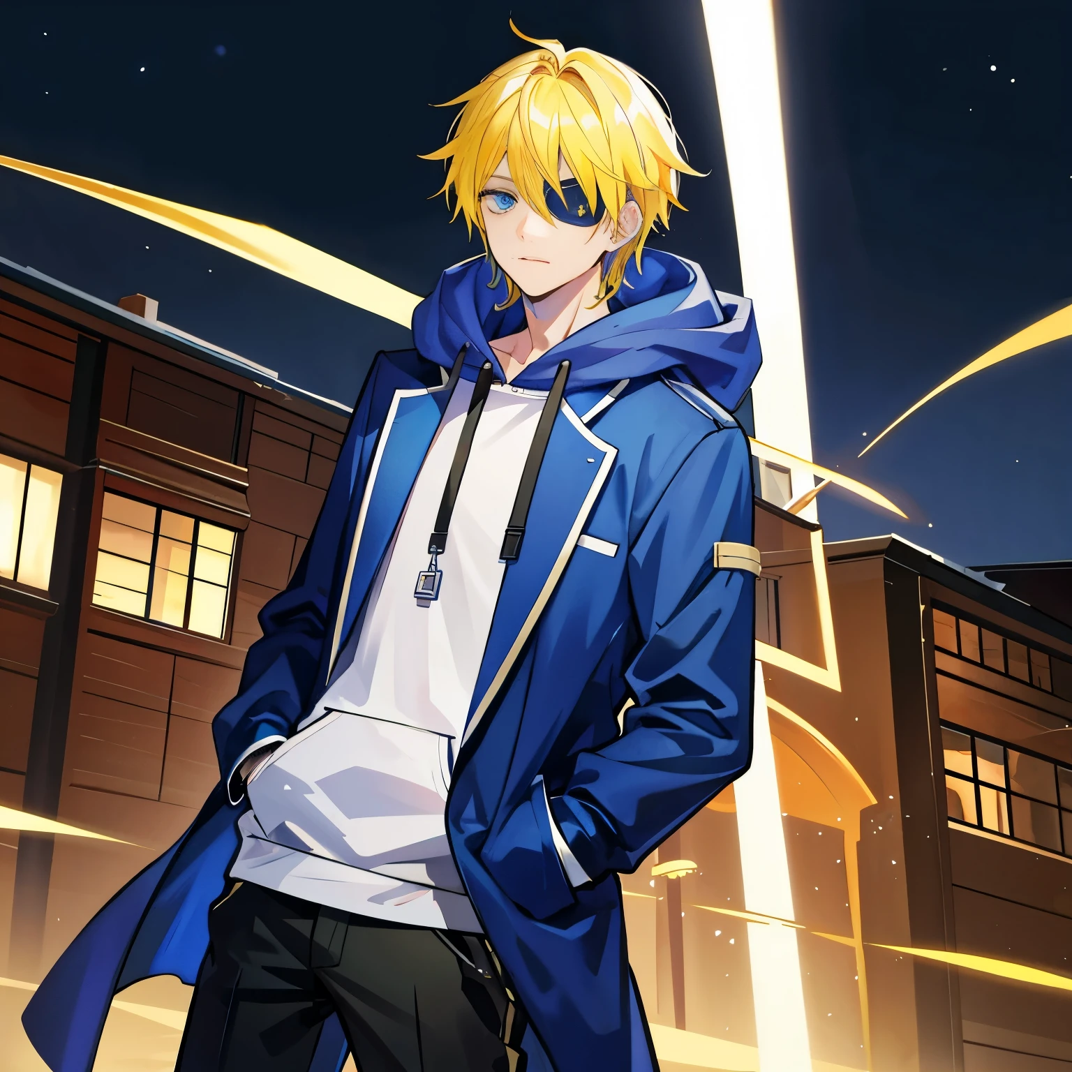 A man,Handsome,yellow hair, blue eyes, eyepatch, nightcity,Manhwa-Style, Sateen,Hoodie-coat large,Put your hands in your pockets
