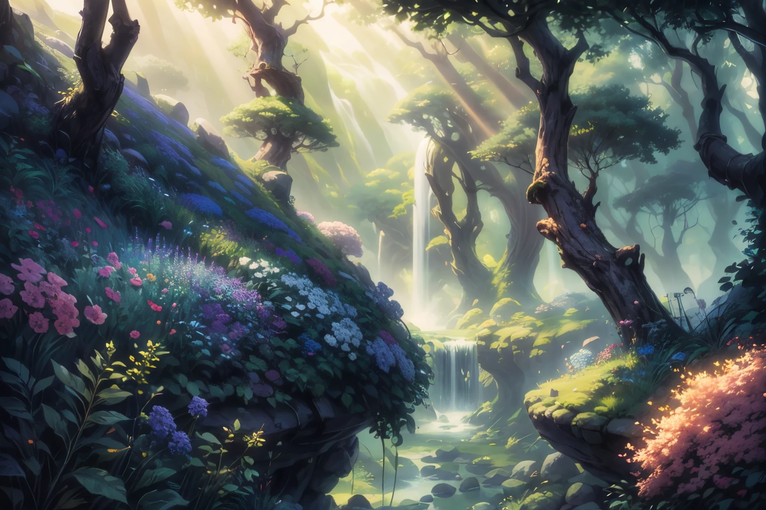 fantasy forest,illustration,lush green leaves,colorful and very large flowers,insects,waterfall,mysterious creatures,tall and majestic trees,magical atmosphere,best quality,high resolution,ultra-detailed,photorealistic,vivid colors,artistic concept,warm and vibrant color palette,soft sunlight filtering through the trees,a fantastical setting,ultra-detailed,best quality,a masterpiece